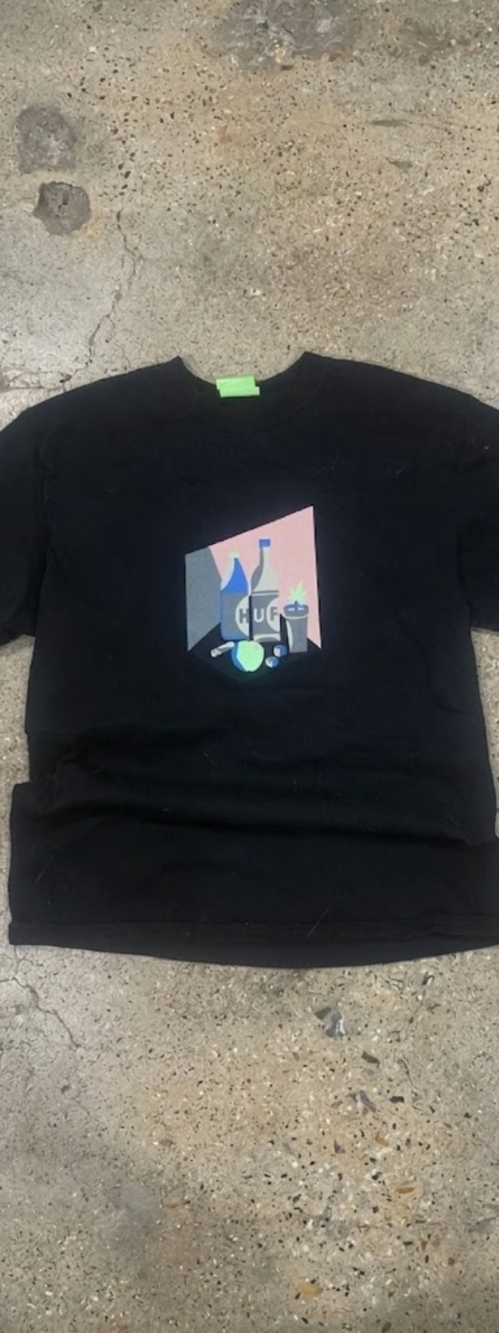 HUF Black Tee with Pastel Geometric Graphic